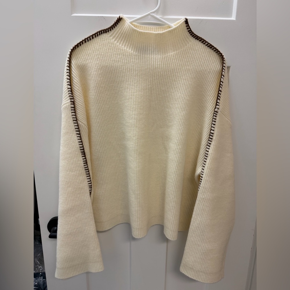 Anthropologie Cream Turtleneck Sweater with Brown Accents